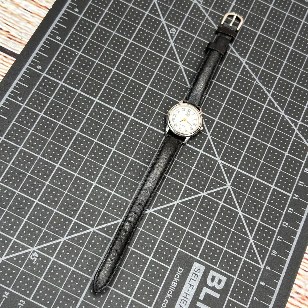 Bruno 3301 Quartz Watch Silver Tone White Dial Roman Numerals Black Leather Band